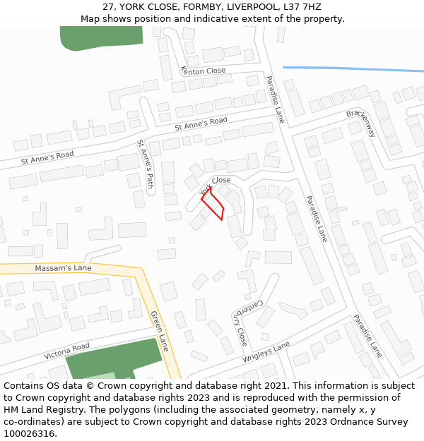 27, YORK CLOSE, FORMBY, LIVERPOOL, L37 7HZ: Location map and indicative extent of plot