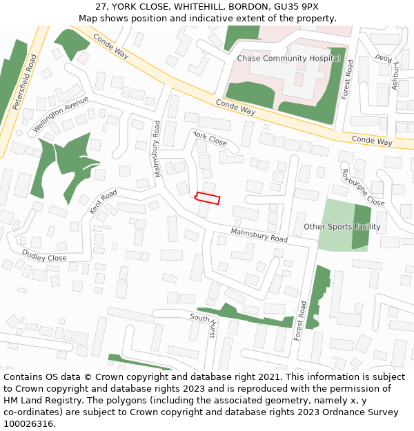 27, YORK CLOSE, WHITEHILL, BORDON, GU35 9PX: Location map and indicative extent of plot