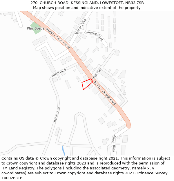 270, CHURCH ROAD, KESSINGLAND, LOWESTOFT, NR33 7SB: Location map and indicative extent of plot