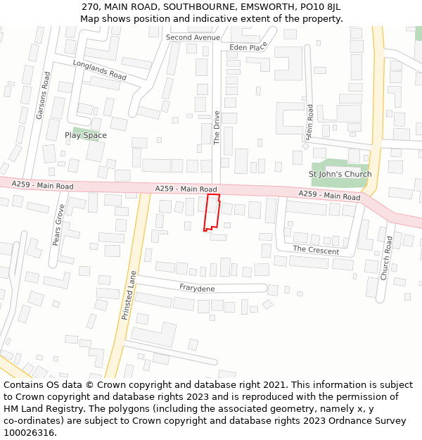 270, MAIN ROAD, SOUTHBOURNE, EMSWORTH, PO10 8JL: Location map and indicative extent of plot