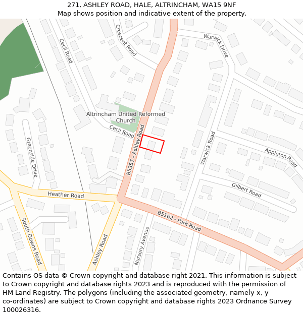 271, ASHLEY ROAD, HALE, ALTRINCHAM, WA15 9NF: Location map and indicative extent of plot