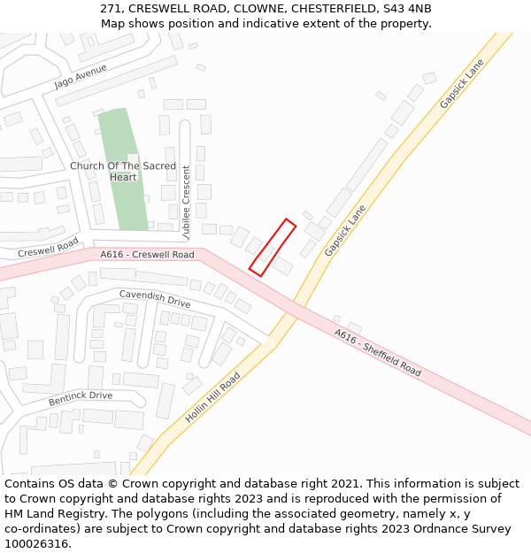 271, CRESWELL ROAD, CLOWNE, CHESTERFIELD, S43 4NB: Location map and indicative extent of plot