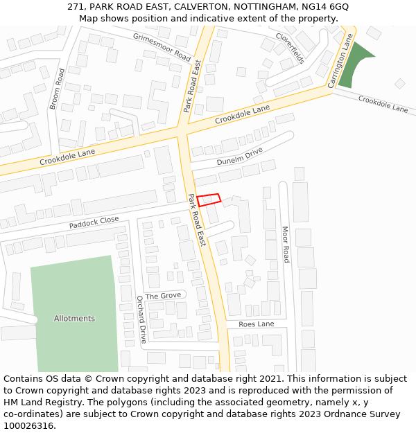 271, PARK ROAD EAST, CALVERTON, NOTTINGHAM, NG14 6GQ: Location map and indicative extent of plot