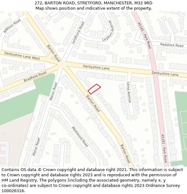 272, BARTON ROAD, STRETFORD, MANCHESTER, M32 9RD: Location map and indicative extent of plot
