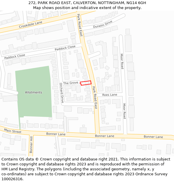 272, PARK ROAD EAST, CALVERTON, NOTTINGHAM, NG14 6GH: Location map and indicative extent of plot