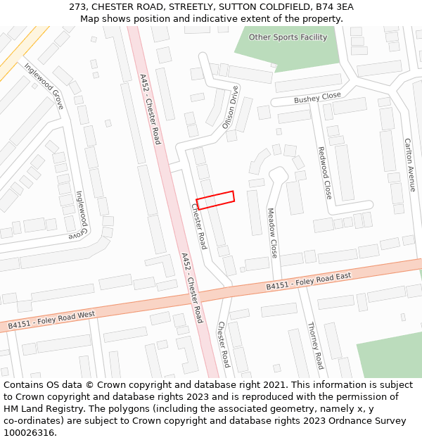 273, CHESTER ROAD, STREETLY, SUTTON COLDFIELD, B74 3EA: Location map and indicative extent of plot