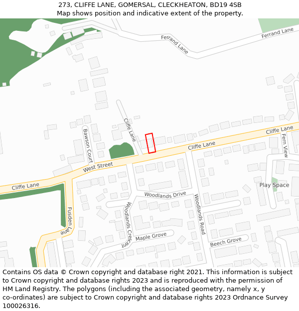 273, CLIFFE LANE, GOMERSAL, CLECKHEATON, BD19 4SB: Location map and indicative extent of plot