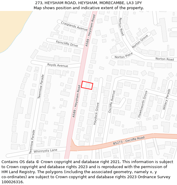 273, HEYSHAM ROAD, HEYSHAM, MORECAMBE, LA3 1PY: Location map and indicative extent of plot