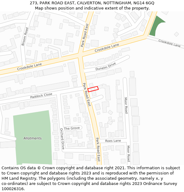 273, PARK ROAD EAST, CALVERTON, NOTTINGHAM, NG14 6GQ: Location map and indicative extent of plot