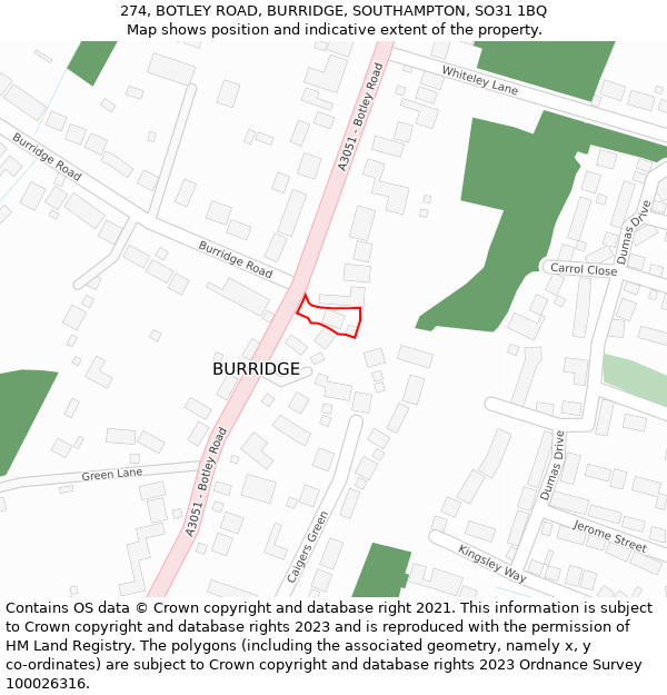 274, BOTLEY ROAD, BURRIDGE, SOUTHAMPTON, SO31 1BQ: Location map and indicative extent of plot