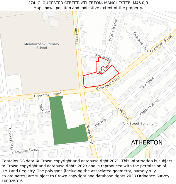 274, GLOUCESTER STREET, ATHERTON, MANCHESTER, M46 0JB: Location map and indicative extent of plot