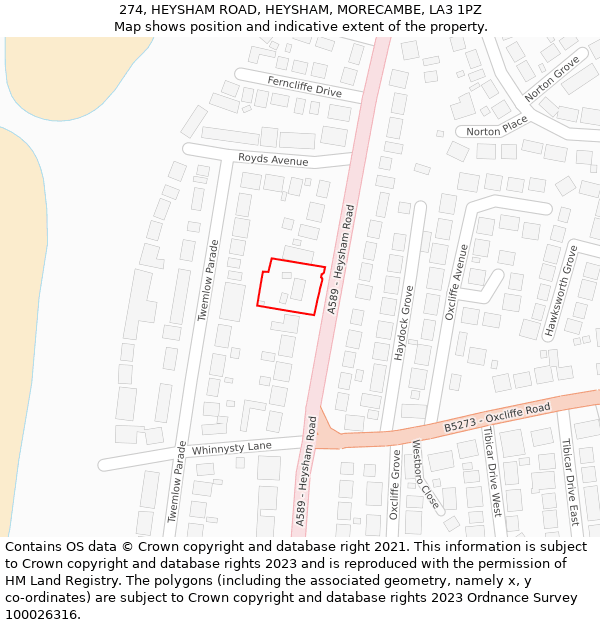 274, HEYSHAM ROAD, HEYSHAM, MORECAMBE, LA3 1PZ: Location map and indicative extent of plot