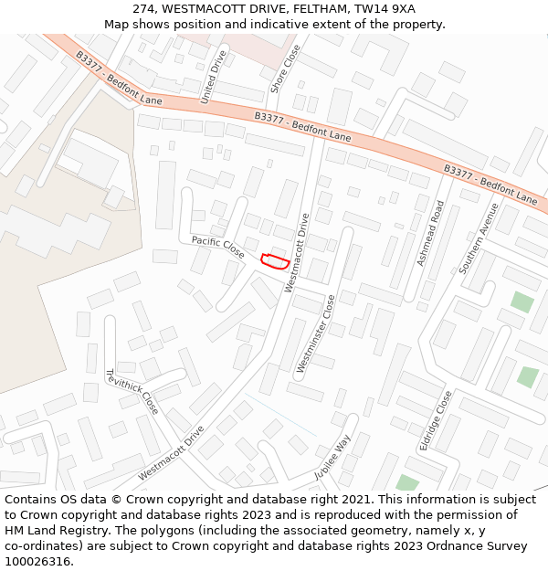 274, WESTMACOTT DRIVE, FELTHAM, TW14 9XA: Location map and indicative extent of plot