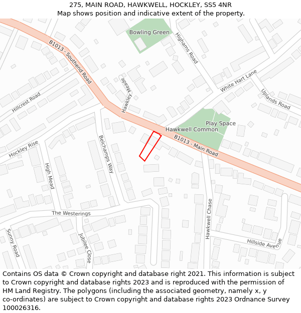 275, MAIN ROAD, HAWKWELL, HOCKLEY, SS5 4NR: Location map and indicative extent of plot