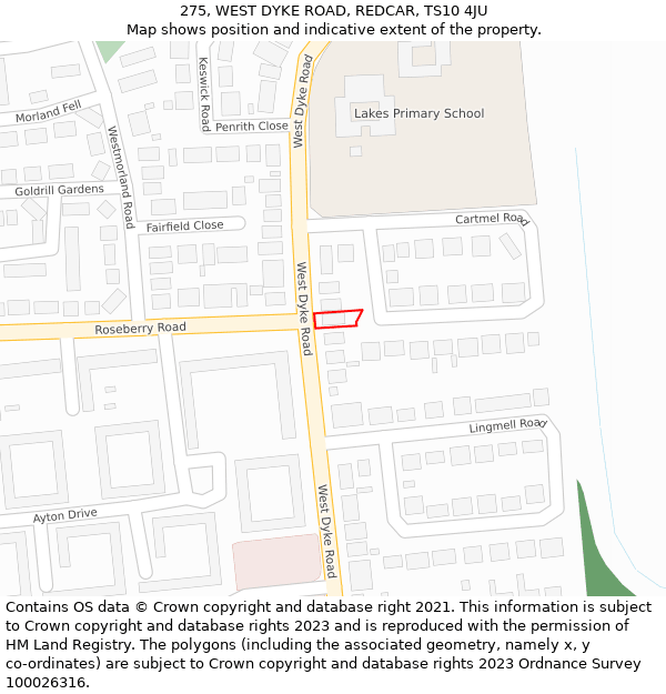 275, WEST DYKE ROAD, REDCAR, TS10 4JU: Location map and indicative extent of plot
