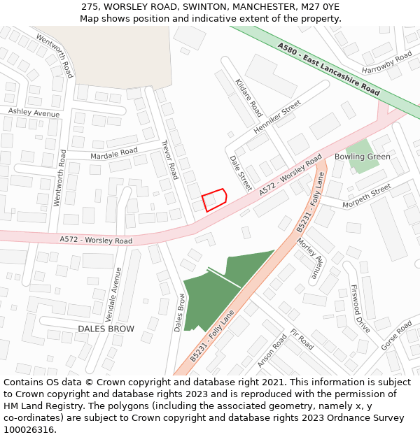 275, WORSLEY ROAD, SWINTON, MANCHESTER, M27 0YE: Location map and indicative extent of plot