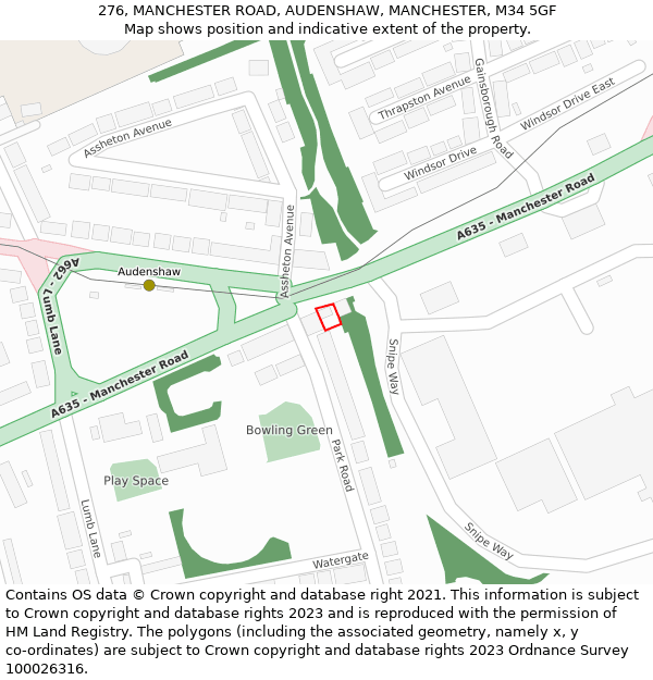 276, MANCHESTER ROAD, AUDENSHAW, MANCHESTER, M34 5GF: Location map and indicative extent of plot