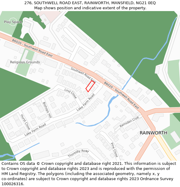 276, SOUTHWELL ROAD EAST, RAINWORTH, MANSFIELD, NG21 0EQ: Location map and indicative extent of plot