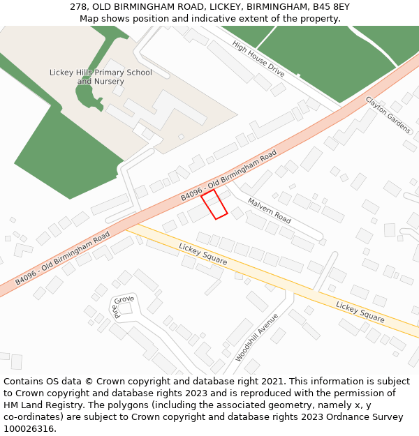 278, OLD BIRMINGHAM ROAD, LICKEY, BIRMINGHAM, B45 8EY: Location map and indicative extent of plot