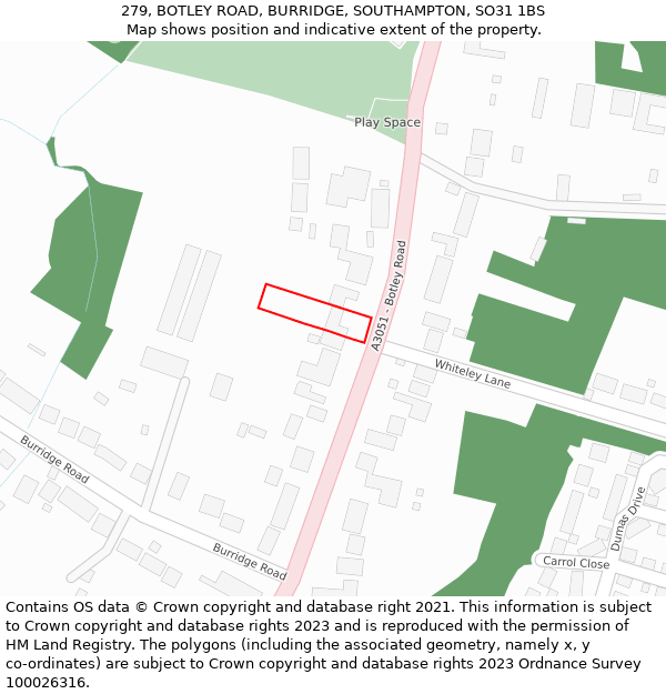 279, BOTLEY ROAD, BURRIDGE, SOUTHAMPTON, SO31 1BS: Location map and indicative extent of plot