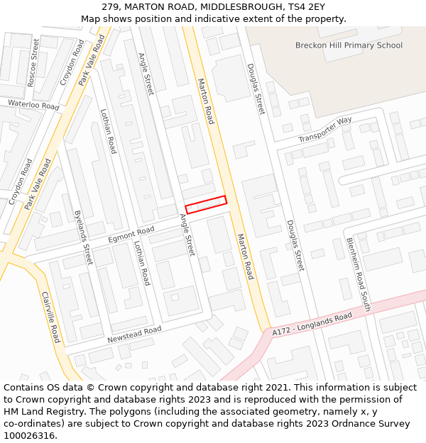 279, MARTON ROAD, MIDDLESBROUGH, TS4 2EY: Location map and indicative extent of plot