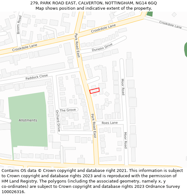 279, PARK ROAD EAST, CALVERTON, NOTTINGHAM, NG14 6GQ: Location map and indicative extent of plot