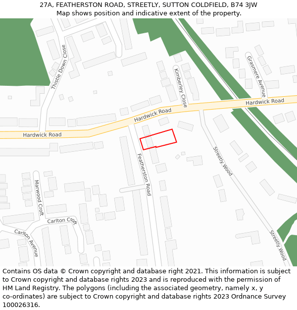 27A, FEATHERSTON ROAD, STREETLY, SUTTON COLDFIELD, B74 3JW: Location map and indicative extent of plot