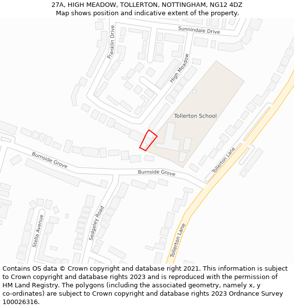 27A, HIGH MEADOW, TOLLERTON, NOTTINGHAM, NG12 4DZ: Location map and indicative extent of plot