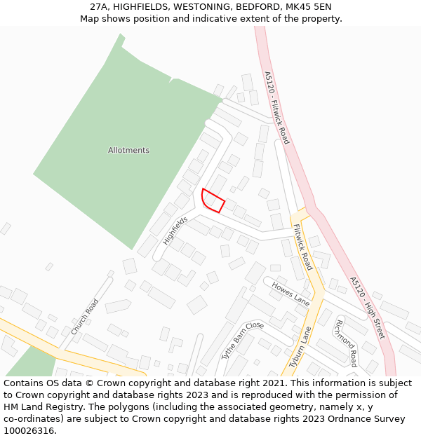 27A, HIGHFIELDS, WESTONING, BEDFORD, MK45 5EN: Location map and indicative extent of plot