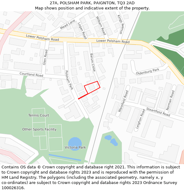 27A, POLSHAM PARK, PAIGNTON, TQ3 2AD: Location map and indicative extent of plot