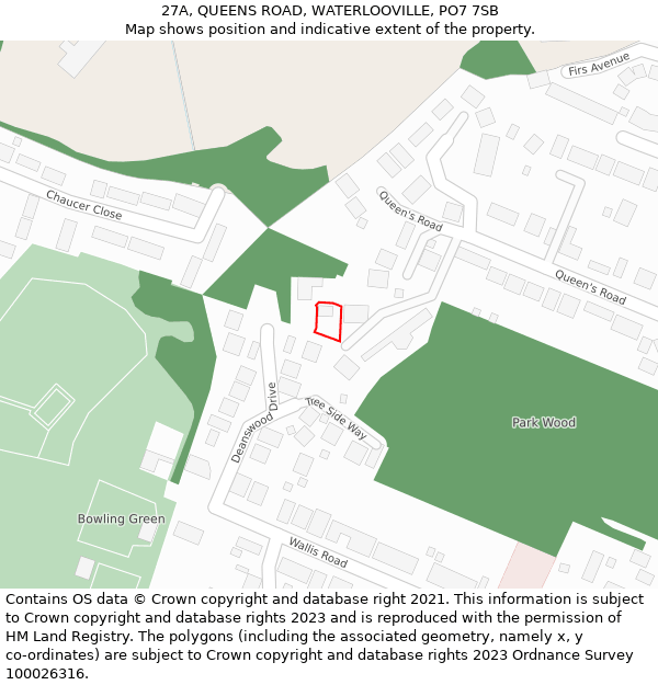 27A, QUEENS ROAD, WATERLOOVILLE, PO7 7SB: Location map and indicative extent of plot