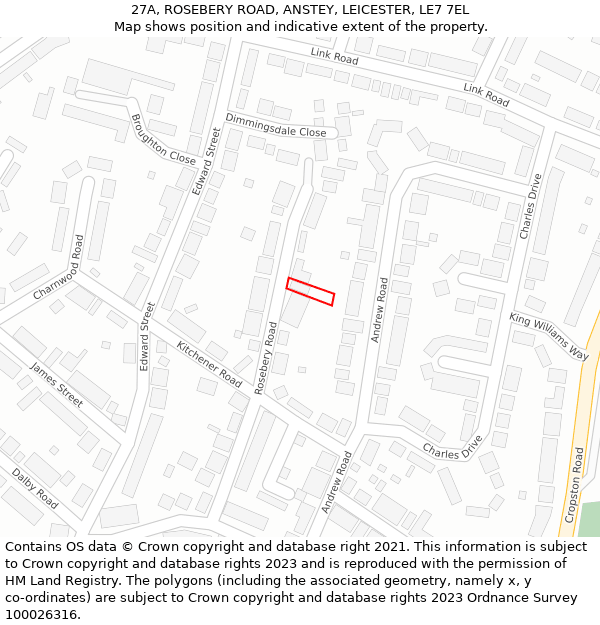 27A, ROSEBERY ROAD, ANSTEY, LEICESTER, LE7 7EL: Location map and indicative extent of plot