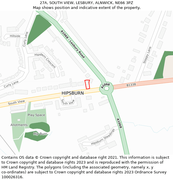 27A, SOUTH VIEW, LESBURY, ALNWICK, NE66 3PZ: Location map and indicative extent of plot