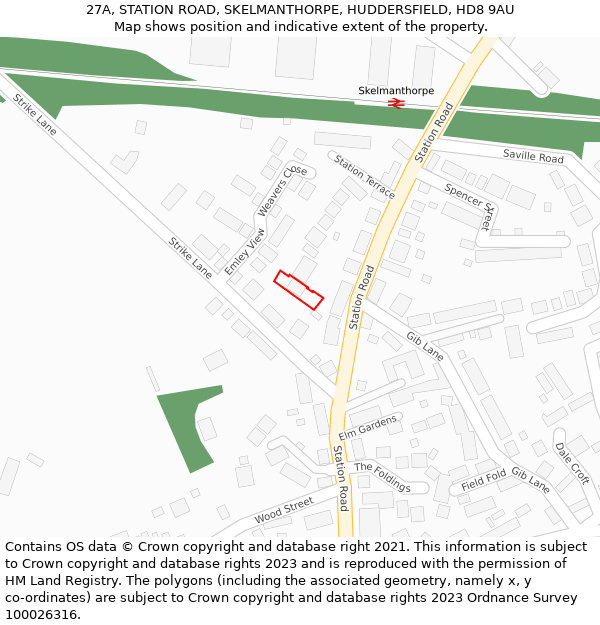 27A, STATION ROAD, SKELMANTHORPE, HUDDERSFIELD, HD8 9AU: Location map and indicative extent of plot