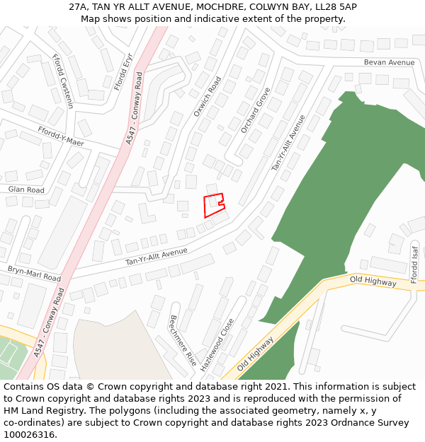 27A, TAN YR ALLT AVENUE, MOCHDRE, COLWYN BAY, LL28 5AP: Location map and indicative extent of plot