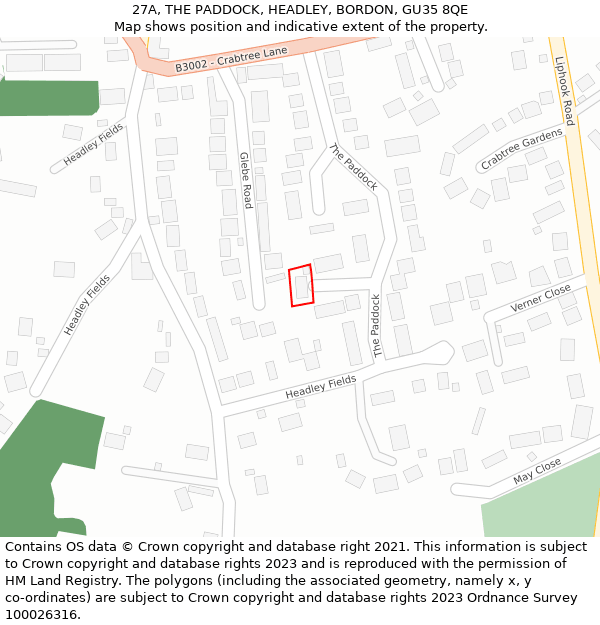 27A, THE PADDOCK, HEADLEY, BORDON, GU35 8QE: Location map and indicative extent of plot