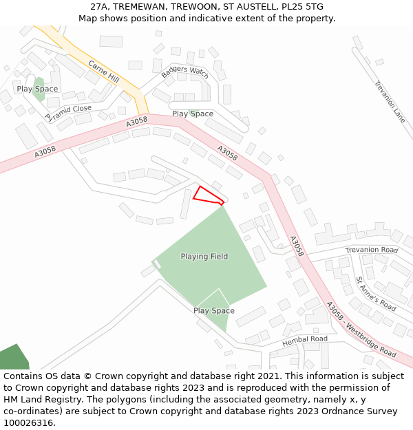 27A, TREMEWAN, TREWOON, ST AUSTELL, PL25 5TG: Location map and indicative extent of plot