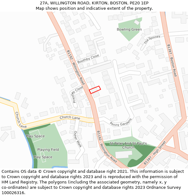 27A, WILLINGTON ROAD, KIRTON, BOSTON, PE20 1EP: Location map and indicative extent of plot