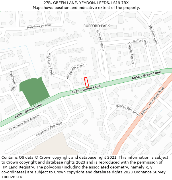 27B, GREEN LANE, YEADON, LEEDS, LS19 7BX: Location map and indicative extent of plot