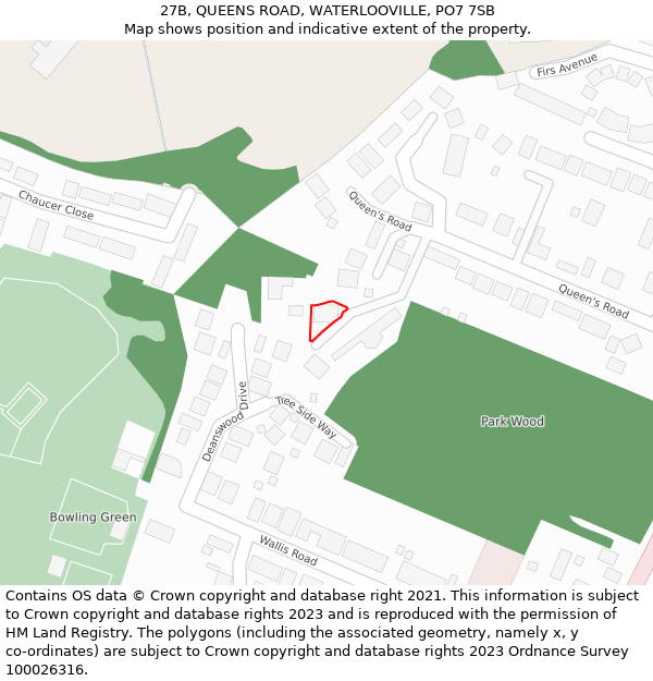 27B, QUEENS ROAD, WATERLOOVILLE, PO7 7SB: Location map and indicative extent of plot