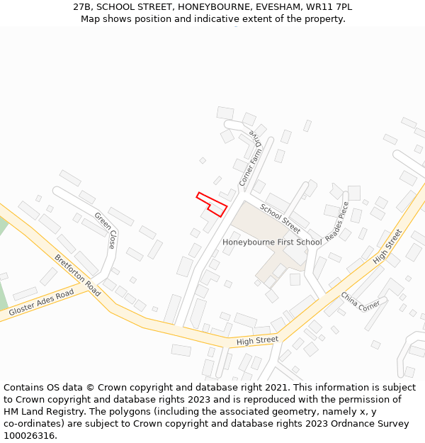 27B, SCHOOL STREET, HONEYBOURNE, EVESHAM, WR11 7PL: Location map and indicative extent of plot