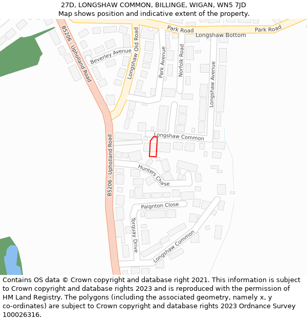 27D, LONGSHAW COMMON, BILLINGE, WIGAN, WN5 7JD: Location map and indicative extent of plot