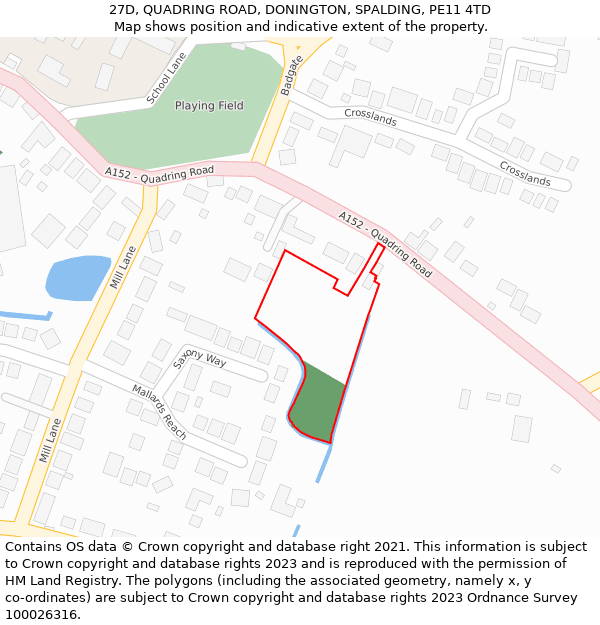 27D, QUADRING ROAD, DONINGTON, SPALDING, PE11 4TD: Location map and indicative extent of plot