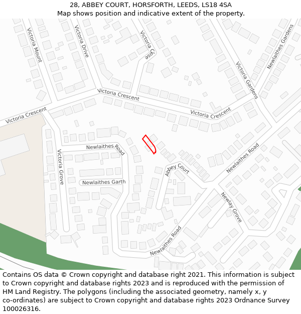 28, ABBEY COURT, HORSFORTH, LEEDS, LS18 4SA: Location map and indicative extent of plot