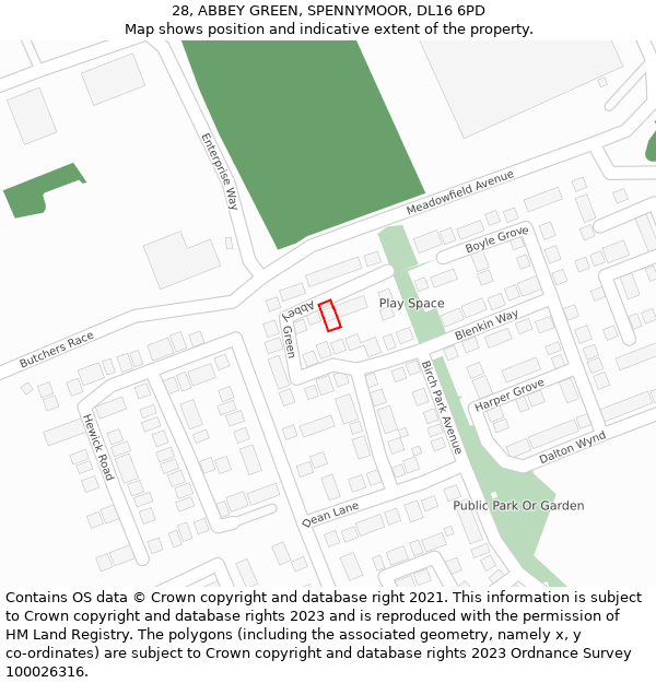 28, ABBEY GREEN, SPENNYMOOR, DL16 6PD: Location map and indicative extent of plot