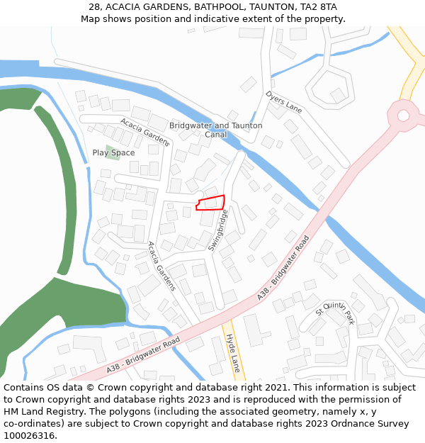 28, ACACIA GARDENS, BATHPOOL, TAUNTON, TA2 8TA: Location map and indicative extent of plot