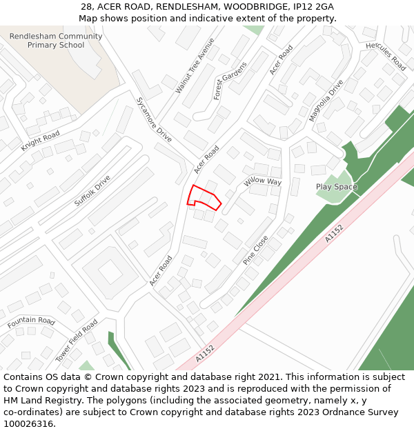 28, ACER ROAD, RENDLESHAM, WOODBRIDGE, IP12 2GA: Location map and indicative extent of plot