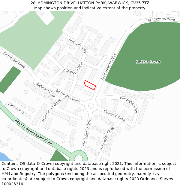 28, ADMINGTON DRIVE, HATTON PARK, WARWICK, CV35 7TZ: Location map and indicative extent of plot
