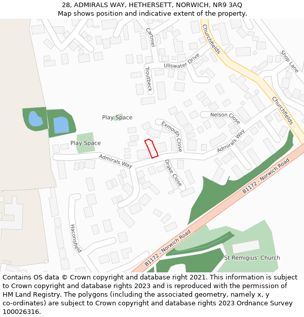 28, ADMIRALS WAY, HETHERSETT, NORWICH, NR9 3AQ: Location map and indicative extent of plot