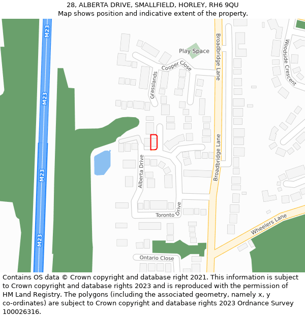 28, ALBERTA DRIVE, SMALLFIELD, HORLEY, RH6 9QU: Location map and indicative extent of plot